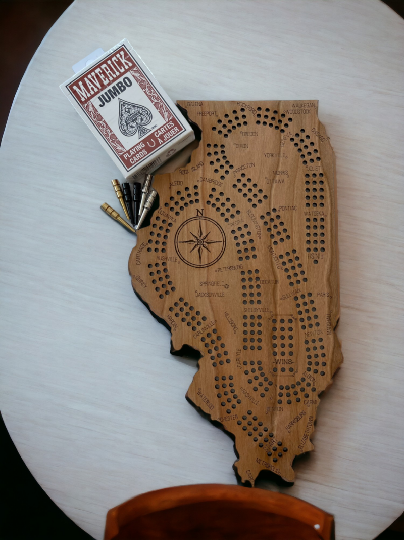 Illinois Cribbage Board Cards and Metal Pegs. Cherry Plywood