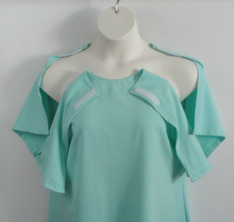 Mint Green Knit Adaptive Nightgown opens at the shoulders with hook and loop fasteners.