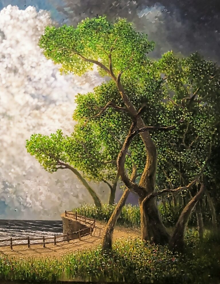 Summer seascape painting with a sandy fenced trail on a cliff, overlooking the beach & ocean. The foreground grasses & large trees on the right leading into a forest the sky is cloudy with dark clouds behind the trees.