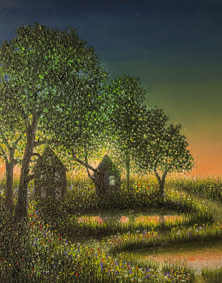 This painting is of a Summer sunset with a orange sky ascending to a dark blue sky. Two houses in the background surrounded by a few trees that are reflected on a pond that is bisected with a trail. There are an abundance of flowers in the foreground.