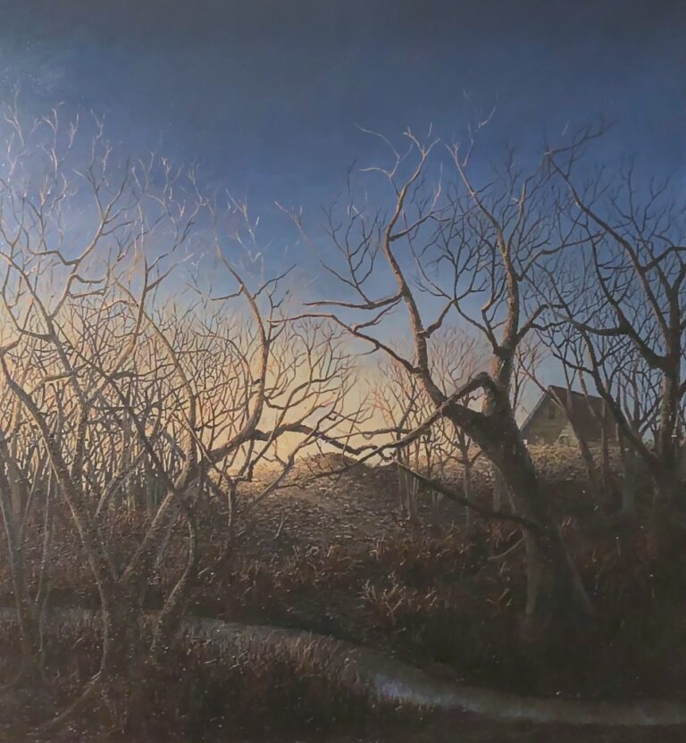 Painting of a solitary house emerging from a small hill with the morning Winter sun rising. In the foreground are tall grasses, baron trees, and a narrow brook.