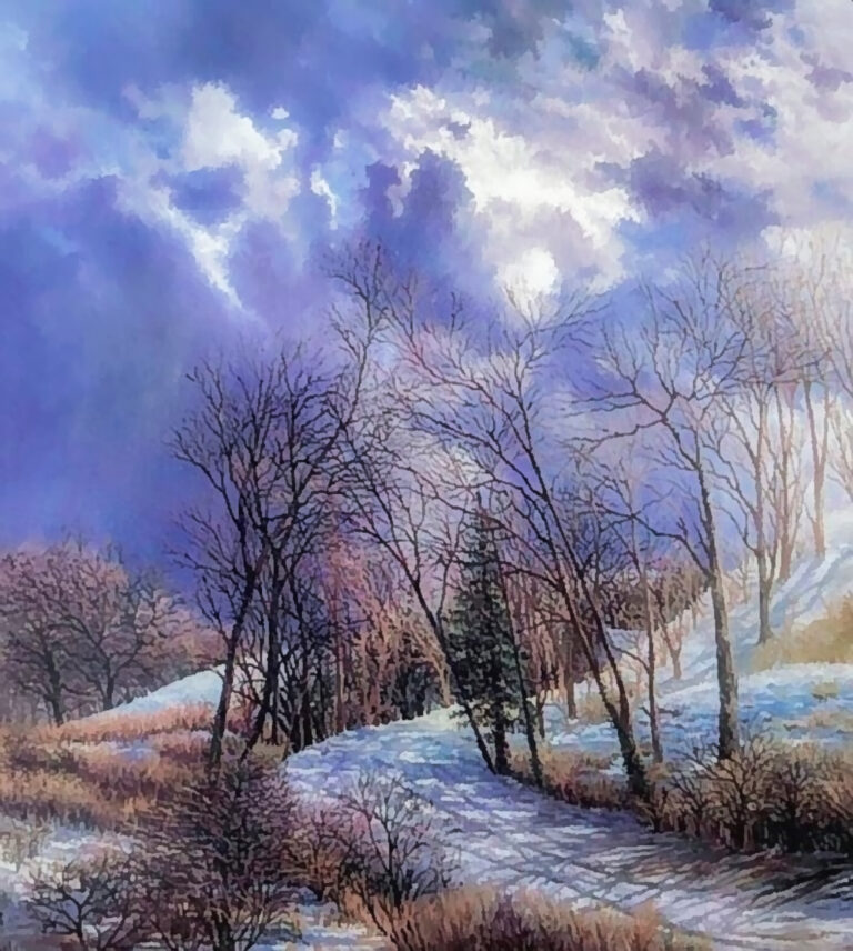 This painting depicts a curvy snowy road thru the woods.
