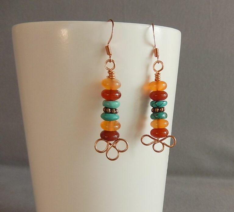 copper and gemstone boho style earrings