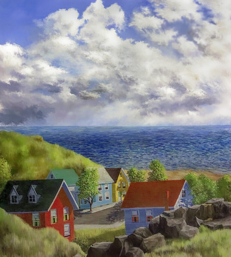 The seascape painting is of a grassy field leading to a rock wall overlooking a town, with a few houses & a road that leads to the beach. The ocean is calm with a partly cloudy sky.