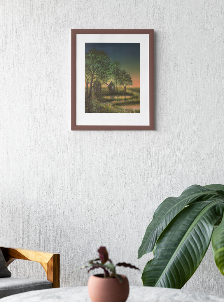 This painting is of a Summer sunset with a orange sky ascending to a dark blue sky. Two houses in the background surrounded by a few trees that are reflected on a pond that is bisected with a trail. There are an abundance of flowers in the foreground.