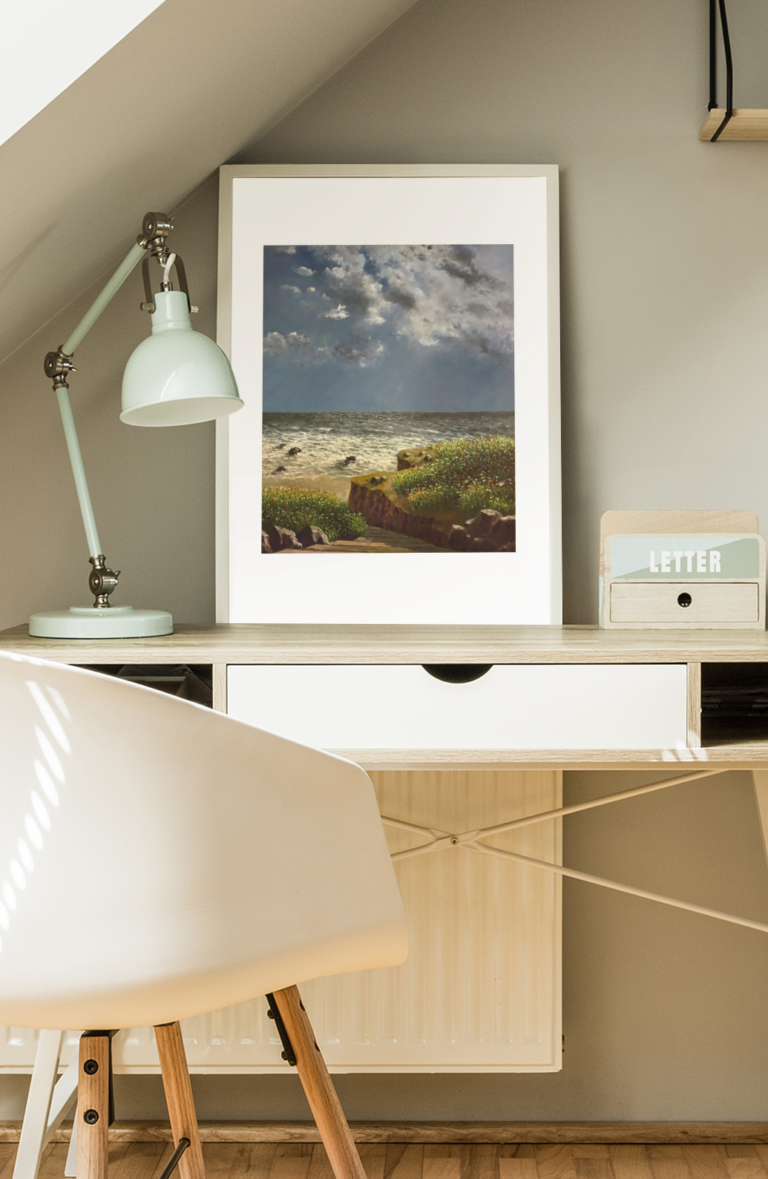 art print mockup placed over a bedroom s desk 36150 r el2 3