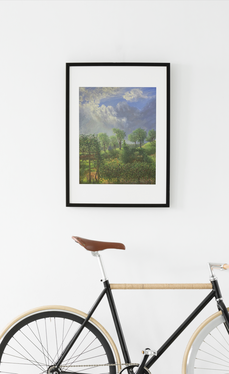 mockup featuring a framed art print hanging over a bike 36156 r el2 1