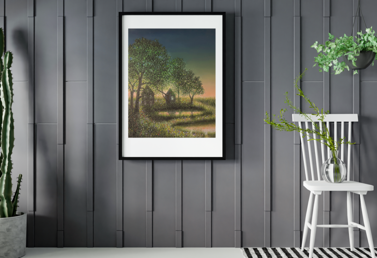 This oil painting is of a Summer sunset with a orange sky ascending to a dark blue sky. Two houses in the background surrounded by a few trees that are reflected on a pond that is bisected with a trail. There are an abundance of flowers in the foreground.