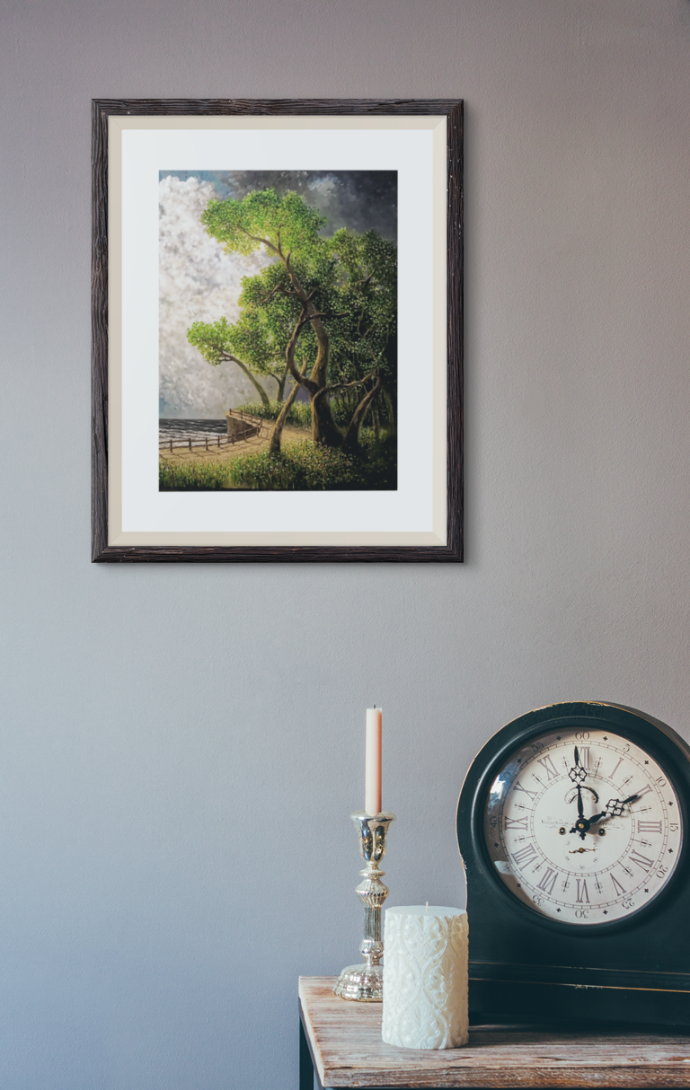 mockup of an art print frame in a room with a clock 3917 el1 5 1