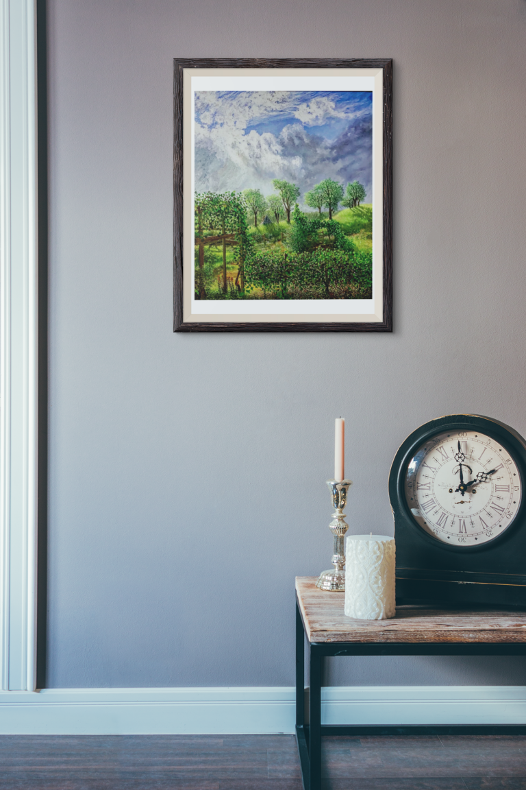mockup of an art print frame in a room with a clock 3917 el1 Walking Past the Grape