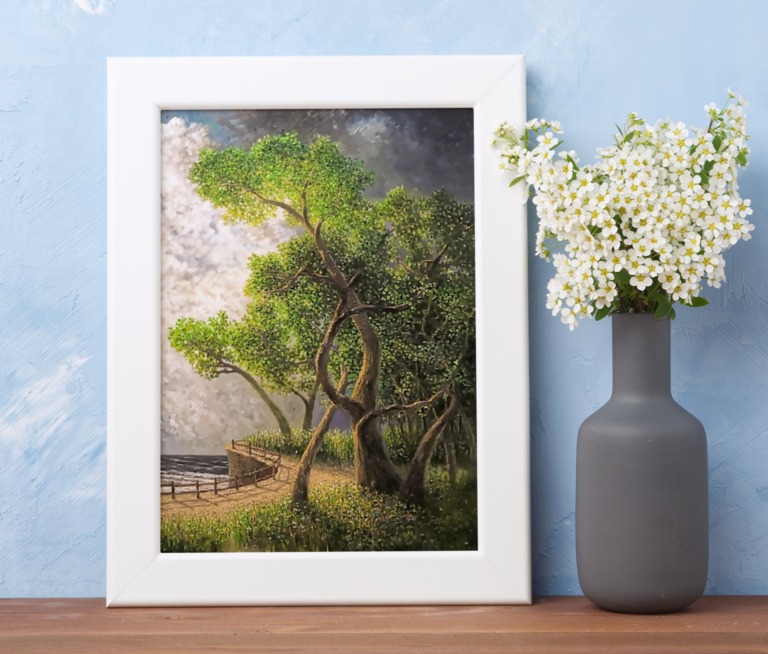 mockup of an art print next to a vase filled with flowers 36007 r el2