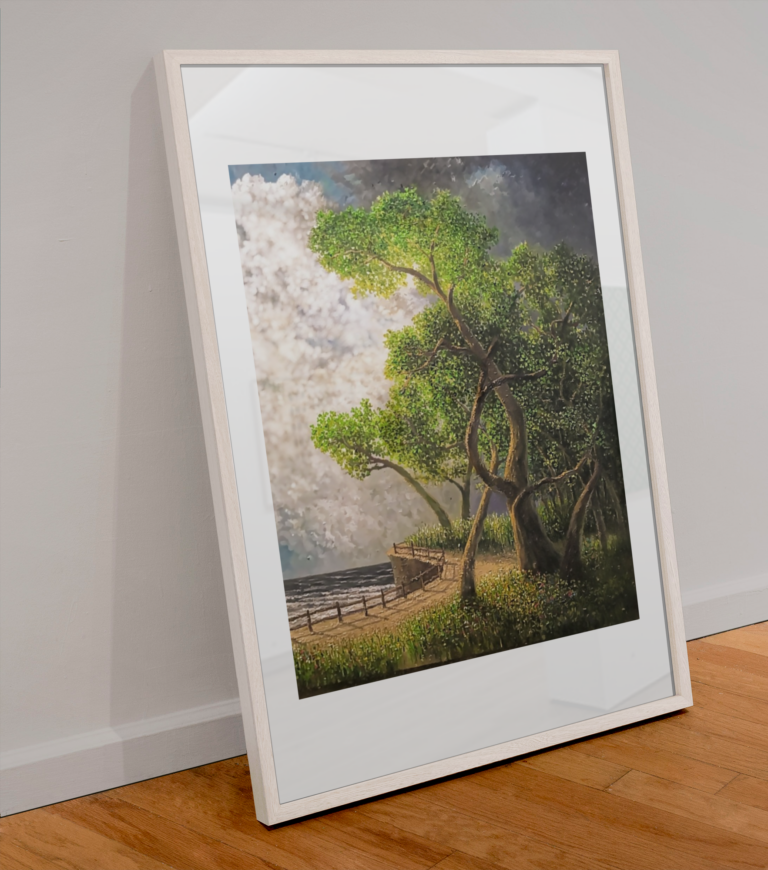 mockup of an art print placed on a wooden floor m35291