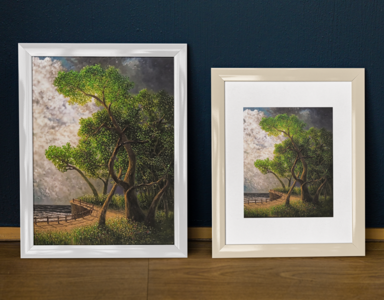 mockup of two vertical art prints placed over a wooden floor m31591