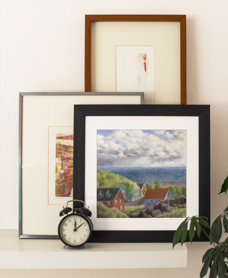 square framed art print template near other art prints and a clock a14773