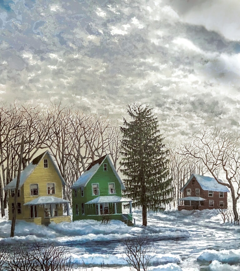 Winter painting of an icy road in the foreground with two house on the other side. The road curves on the left side with a lone curve side house. The background with a Winter cloudy sky.