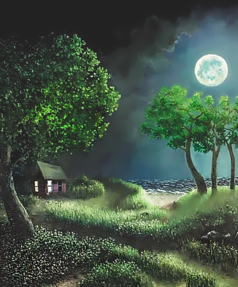 Foregrounds are paths with grasses and a small house with two lit windows and trees on opposite sides. The left sky is dark, fading lighter on the lower right. There is a bright moon upper left