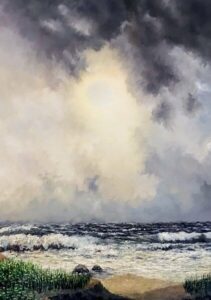 Seascape with big sky with sun's position in center of the painting. The sun is piercing through the light & dark clouds. Surf has strong waves crashing onto beach.