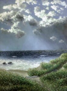This is a 22 x 30 inch oil on canvas painted in 2019. Summer seascape painting that has a foreground with paths & stairs surrounded by seagrasses. The paths lead to a beach with a low surf circulating around two rocks. The developing stormy sky has scattered light clouds and a blue sky above it.