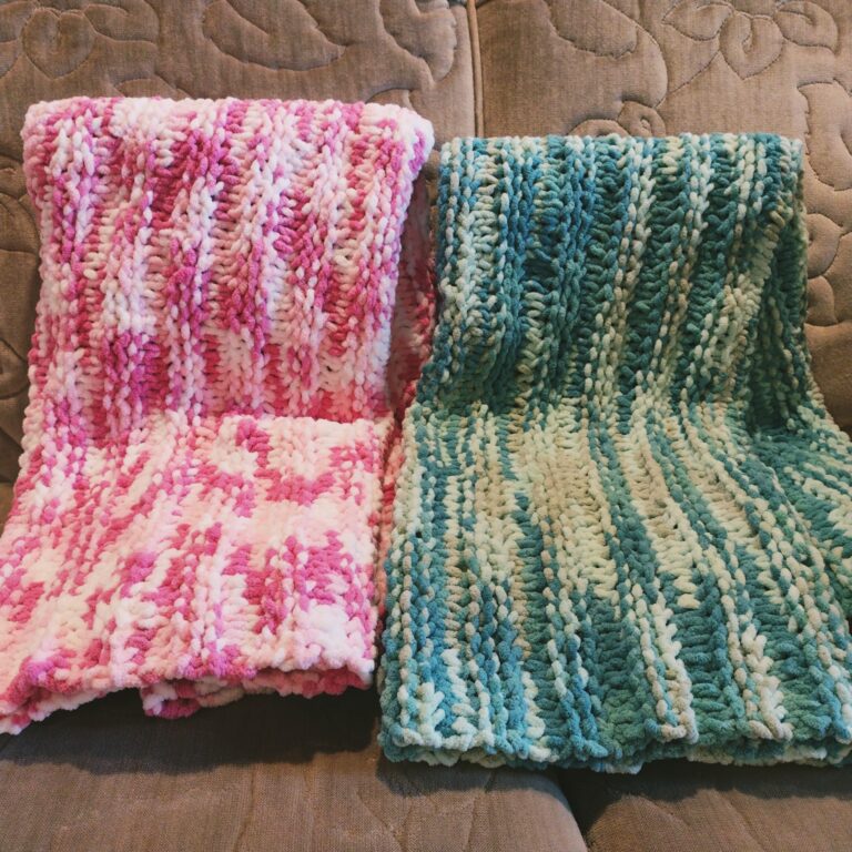 photo showing a variegated pink blanket and a variegated teal/blue blanket |baby blanket, soft, warm, handmade