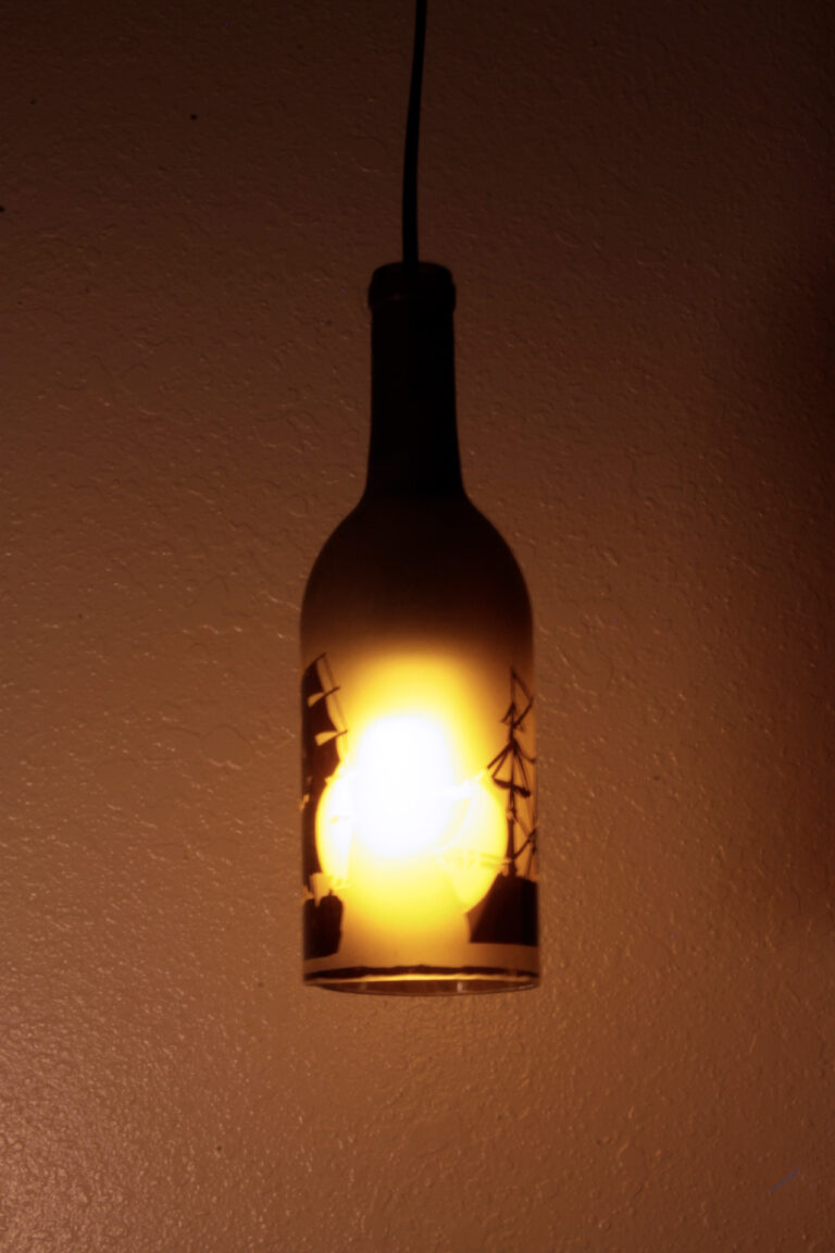 etched bottle lamp with sailing ship