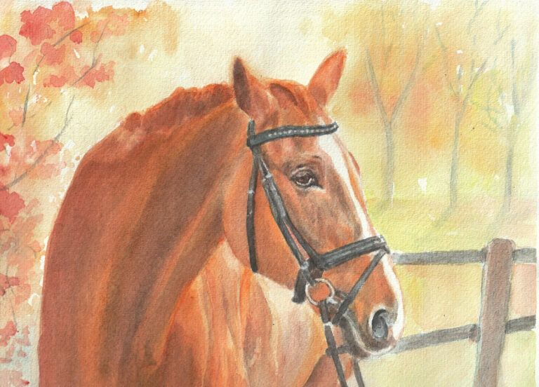 Red horse portrait in watercolor