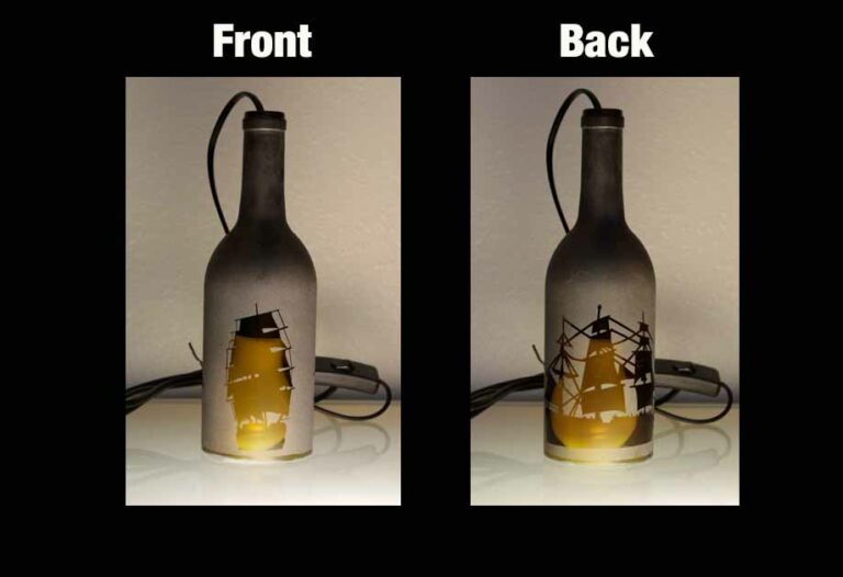 etched bottle lamp with sailing ship