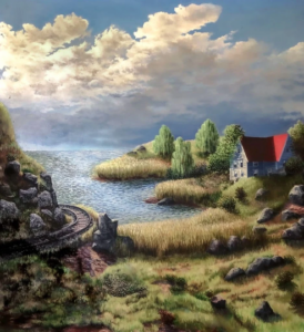 Foreground is a bird's eye view. Have grasses, boulders & cattails surrounded by a calm ocean? Left side has train tracks going around a mountainside. Right side house is contrasting a dark sky.