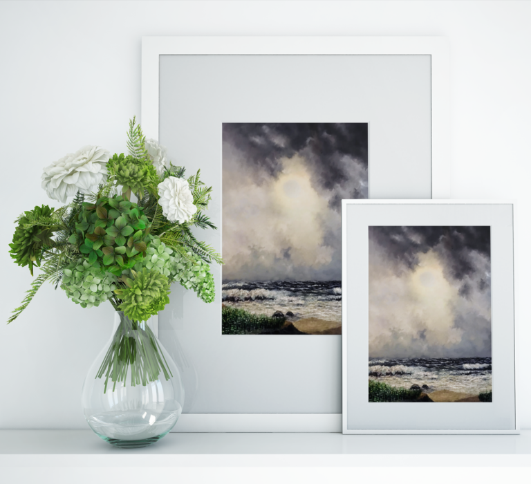 Seascape with big sky with sun's position in center of the painting. The sun is piercing through the light & dark clouds. Surf has strong waves crashing onto beach.