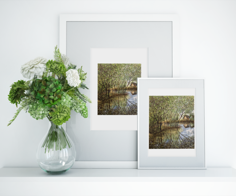 Painting has a lake that snakes around a narrow stretch of trees. The trees are reflected onto the water. The back river bank has two houses that reflects onto the water.