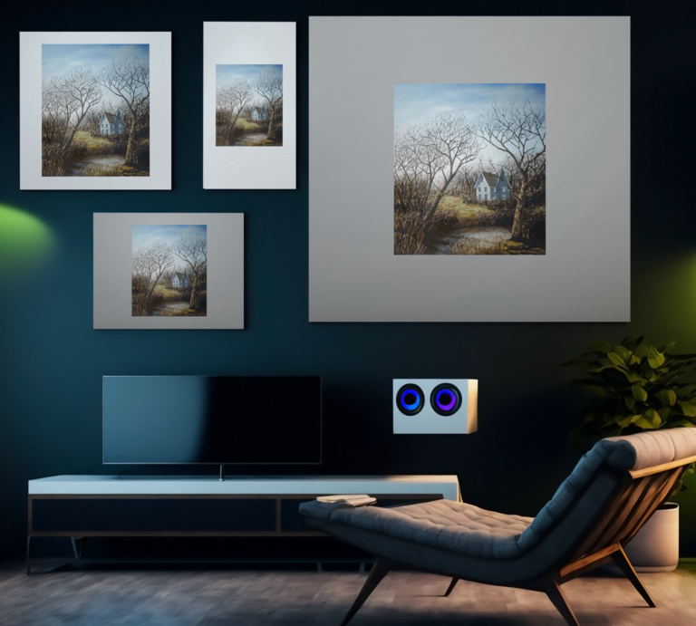 art print mockup featuring an ai generated gaming themed living room m32565