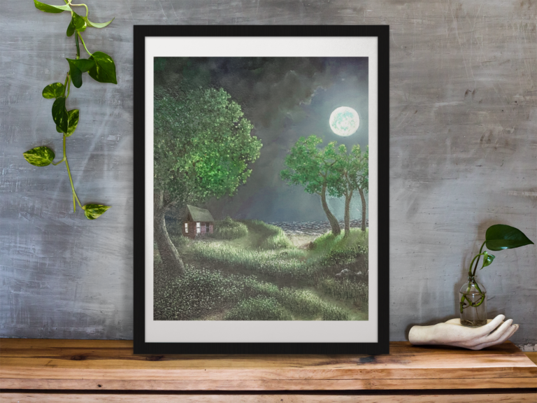 Foregrounds are paths with grasses and a small house with two lit windows and trees on opposite sides. The left sky is dark, fading lighter on the lower right. There is a bright moon upper left