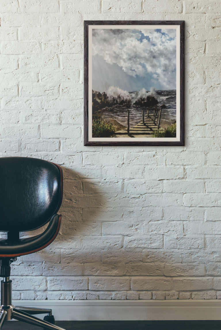 mockup of a hanging art print featuring an office chair 3912 el1 1