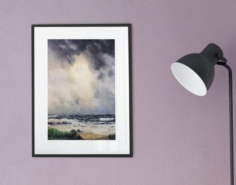Seascape with big sky with sun's position in center of the painting. The sun is piercing through the light & dark clouds. Surf has strong waves crashing onto beach.