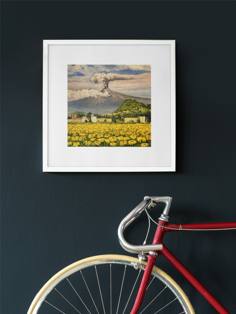 mockup of a squared art print placed by a bike 35887 r el21