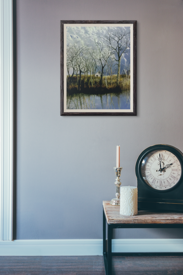 mockup of an art print frame in a room with a clock 3917 el1 Reflections Of A River