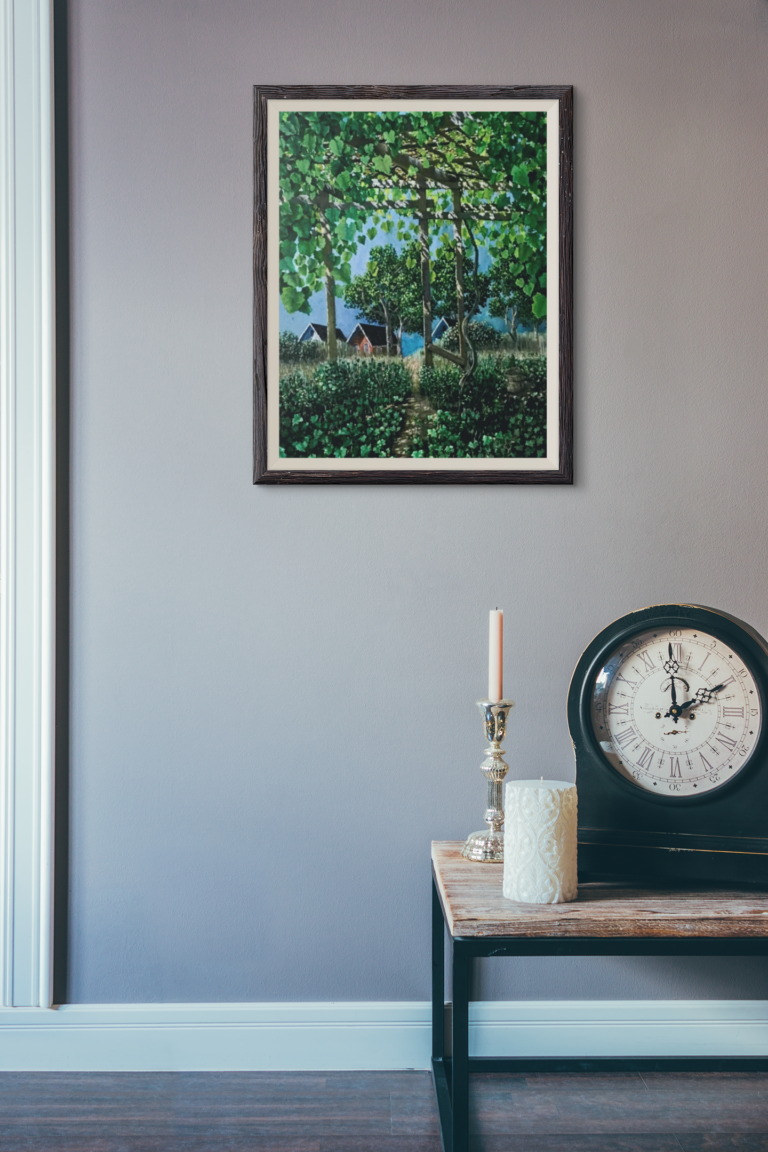 mockup of an art print frame in a room with a clock 3917 el1 Three Houses from The Grape