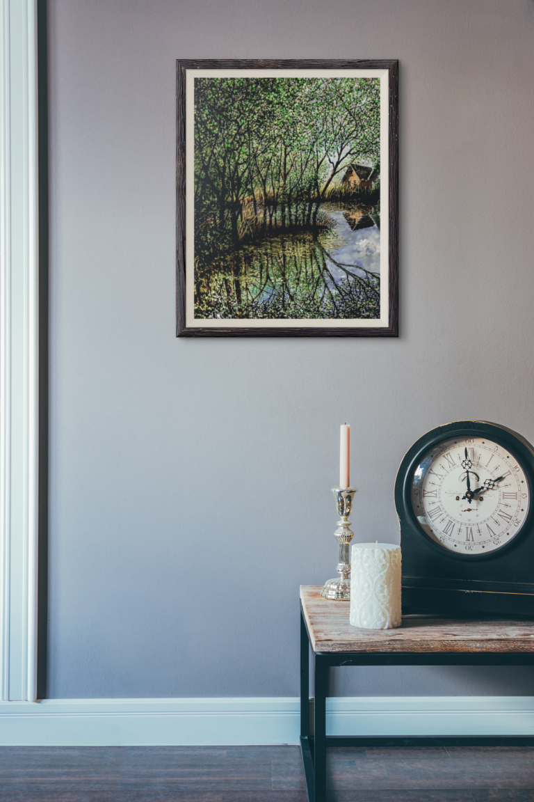 mockup of an art print frame in a room with a clock 3917 el1 Two Houses Reflected