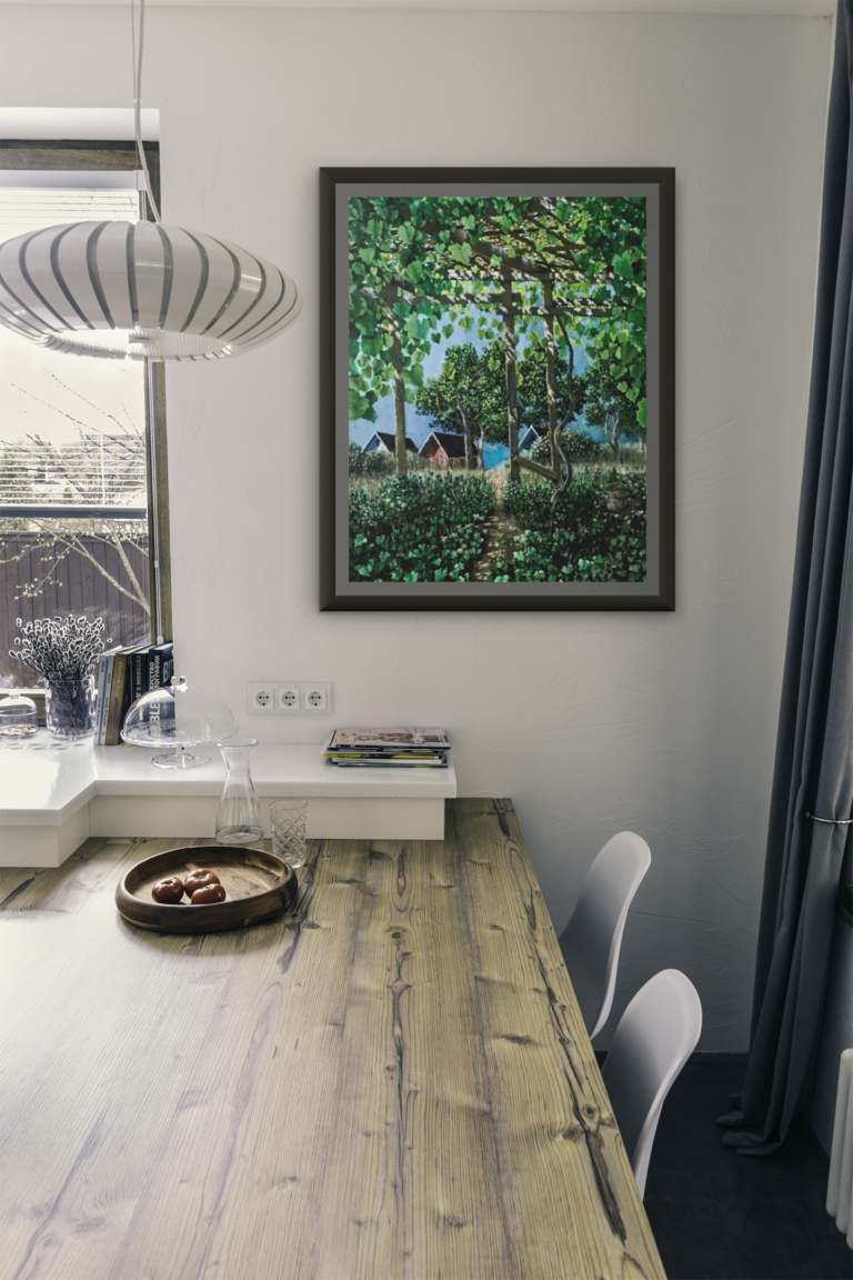 mockup of an art print frame placed in a modern dining room 3941 el1 Three Houses from The Grape
