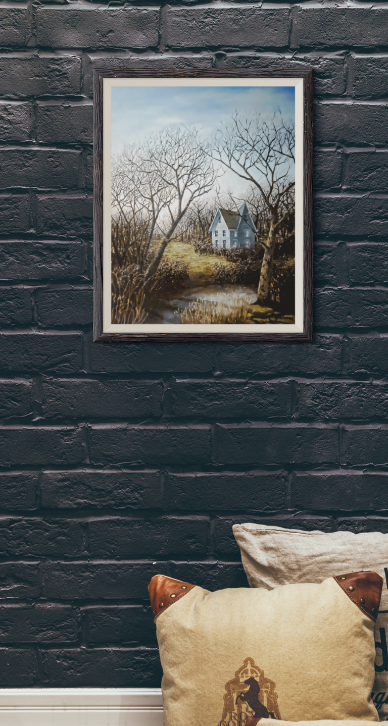 This wall print is of a Snowless Winter landscape of a lone house in the midground with a small frozen lake in foreground with Winter grasses & tall trees. The sky is of a typical Winter sky.