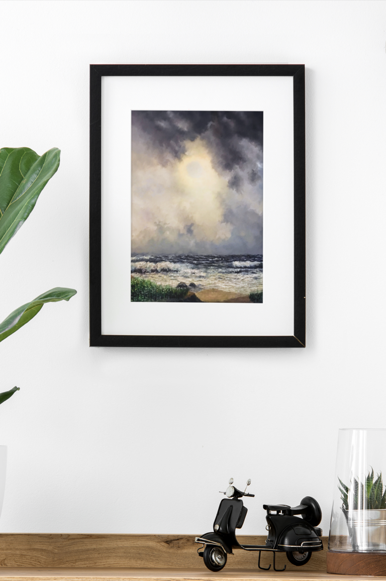 Seascape with big sky with sun's position in center of the painting. The sun is piercing through the light & dark clouds. Surf has strong waves crashing onto beach.