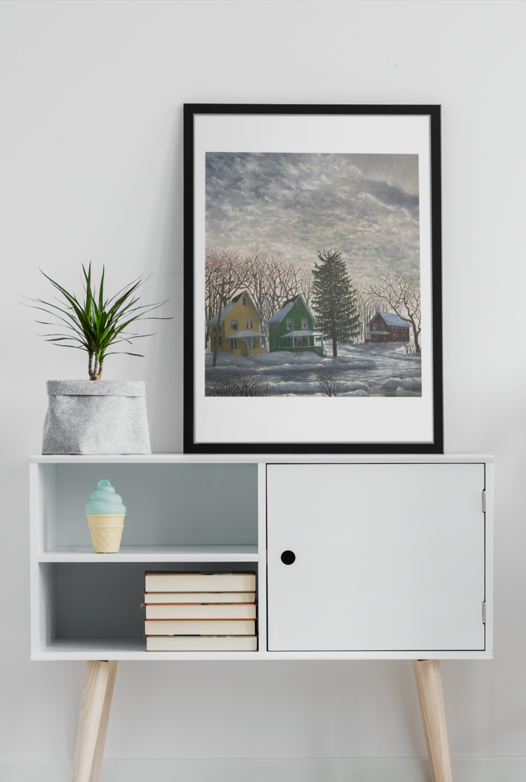 mockup of an art print placed on a minimalist furniture with a plant 38693 r el2