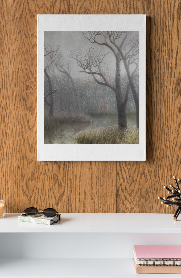 vertical canvas print mockup hanging in a room with minimalist furniture 25859 3