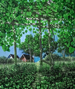 A Summertime painting of a path underneath a grape arbor leading to a small field with three houses in the background.