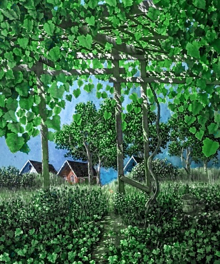 A Summertime painting of a path underneath a grape arbor leading to a small field with three houses in the background.