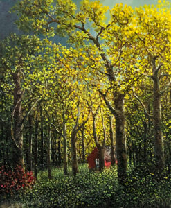 Fall painting with a hidden path leading to a red house The trees that are stemming from grasses & plants are tall with autumn foliage.