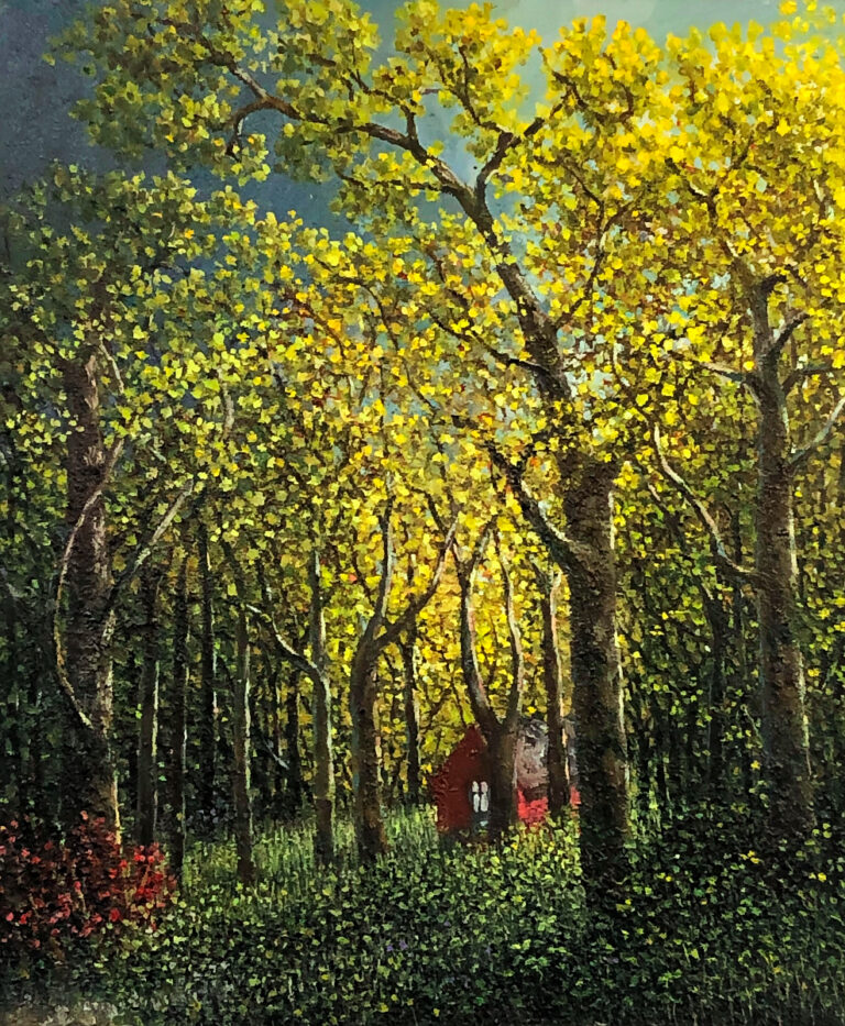 Fall painting with a hidden path leading to a red house The trees that are stemming from grasses & plants are tall with autumn foliage.