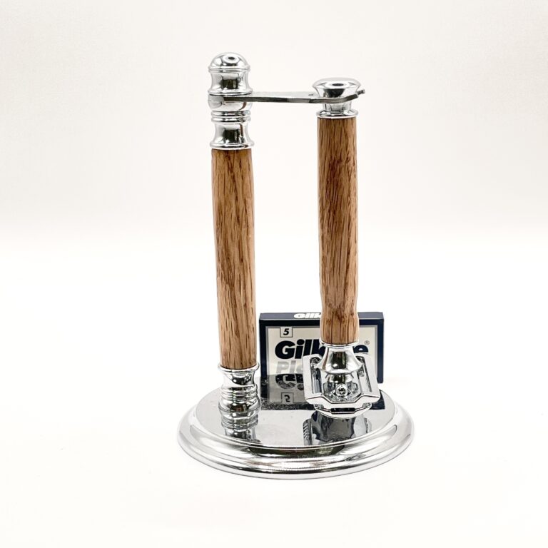 Chrome and Oak Safety razor and Stand for sale