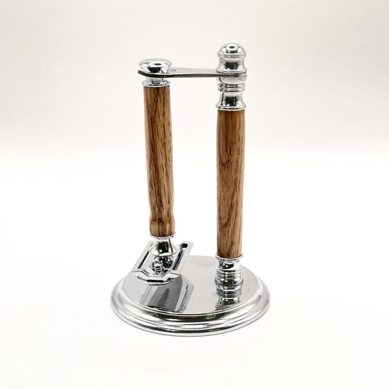 Chrome and Oak Safety razor and Stand