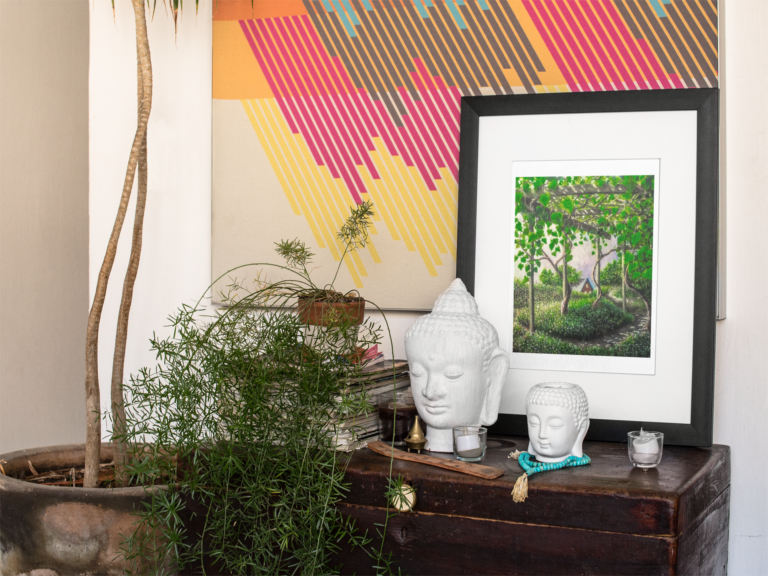 framed art print template on a table with decorations near a plant a14774 25