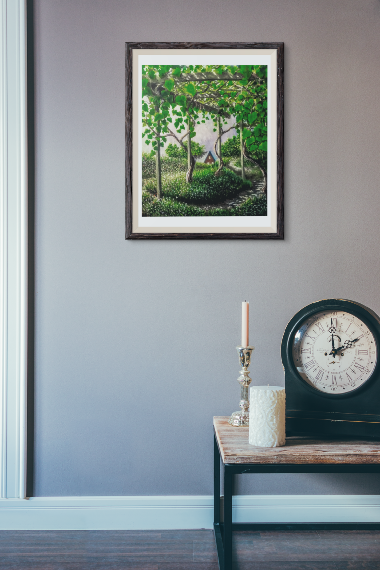mockup of an art print frame in a room with a clock 3917 el1 13